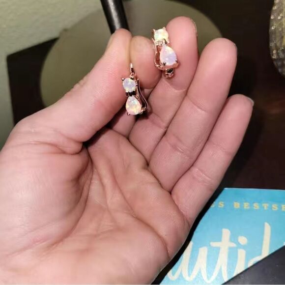 💖Rose Gold Colored Sparkly Opalescent Cat Earrings🌸 - Picture 13 of 15